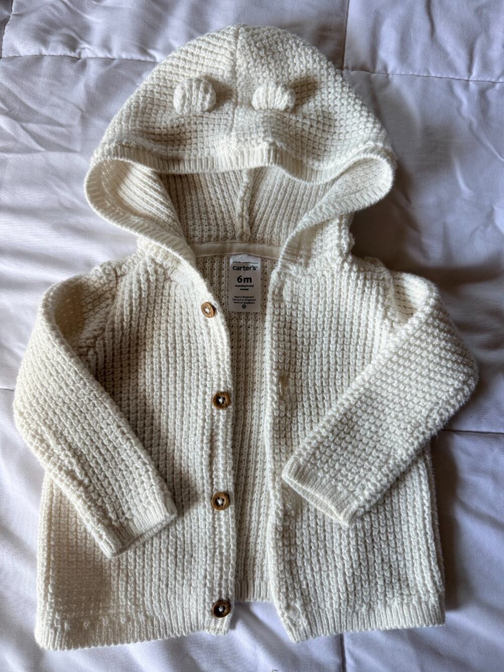 Carter's Baby Hooded Knit Cardigan Sweater White Bear Ears 6M Button Front